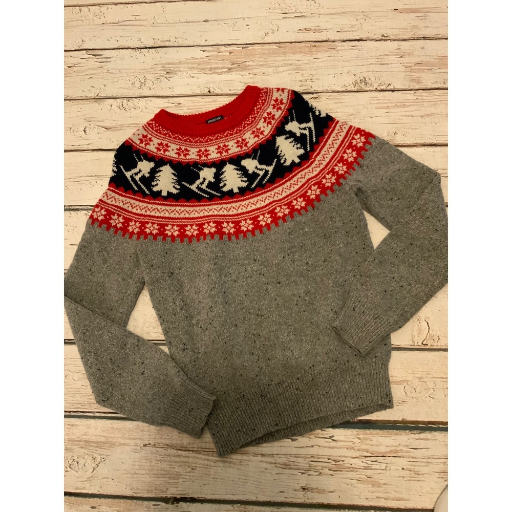 American Eagle Seriously Soft Fair Isle Ski Sweater Grey Red Navy Mens‎ XS